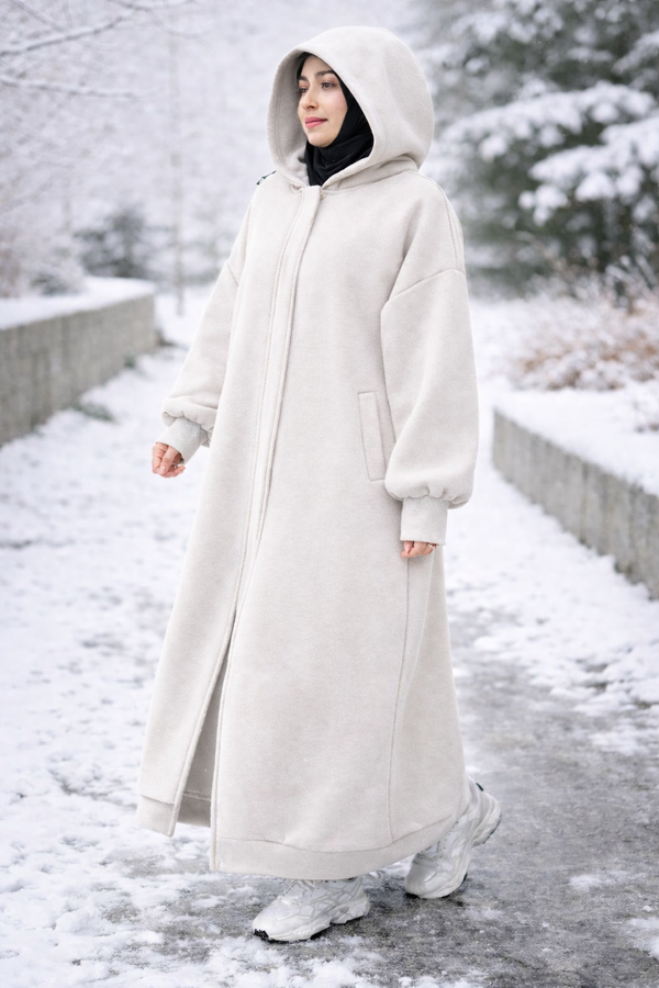 Premium Oversized Hooded Winter Abaya - Off White (360 GSM, 100% premi
