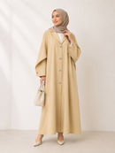 Denim Textured Open Abaya - Beige