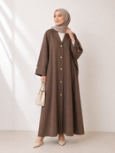Denim Textured Open Abaya - Mocha Brown