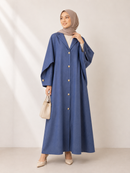 Denim Textured Open Abaya - Denim Blue