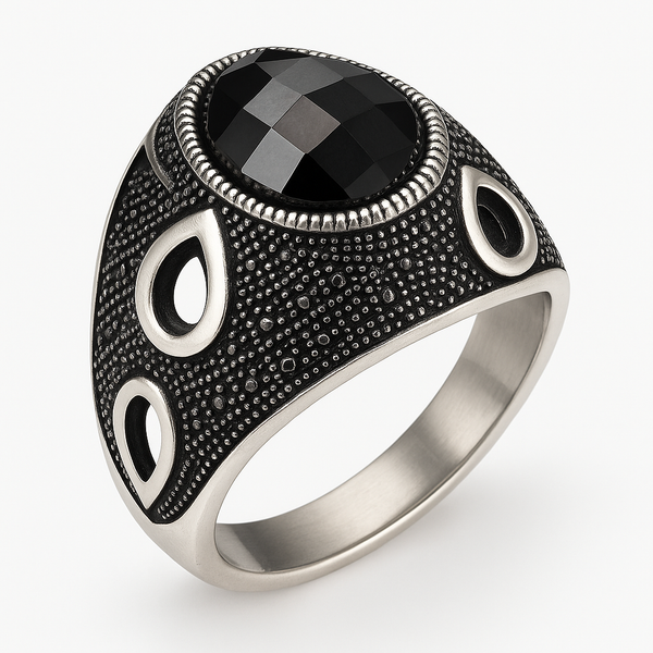 Teardrop Obsidian Sterling Silver Mens Islamic Ottoman Ring