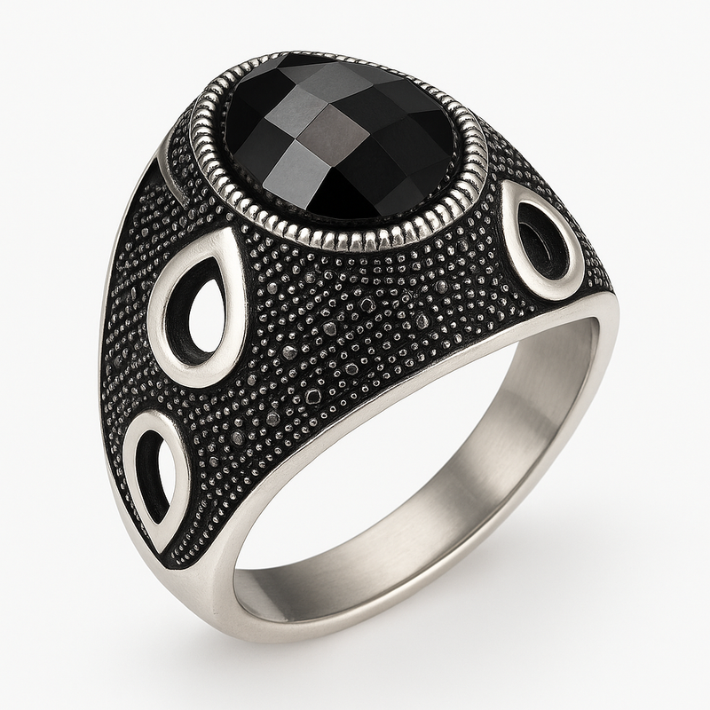 Teardrop Obsidian Sterling Silver Mens Islamic Ottoman Ring
