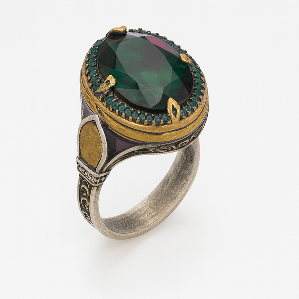 Green Tsavorite Sterling Silver Mens Islamic Ottoman Ring