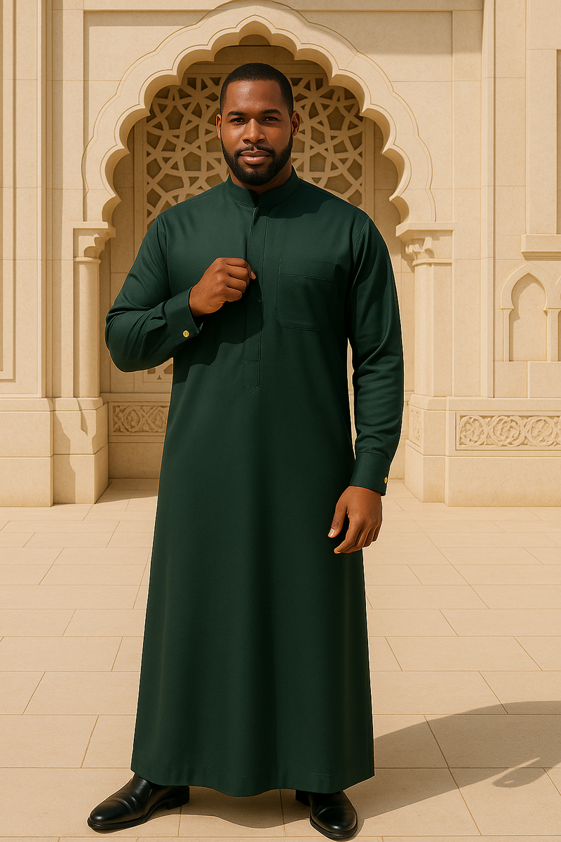 The Emir Zip-Collar Thobe - Dark Forest Green
