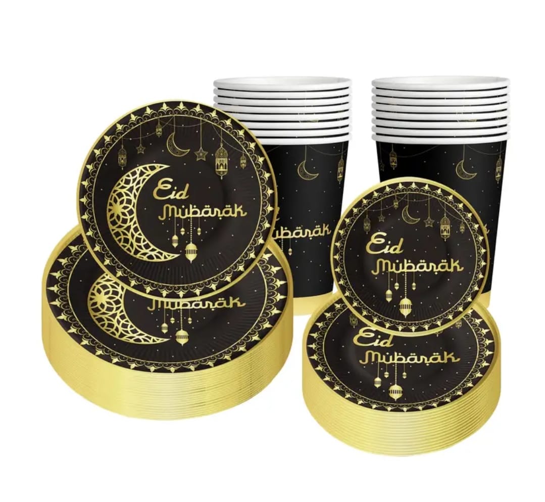 Eid Mubarak Cups and Plates Black and Gold