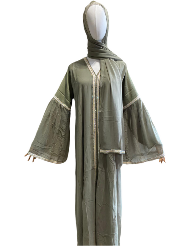 Chiffon Layered Glam Abaya (Olive Green) *SLEEVE Varies