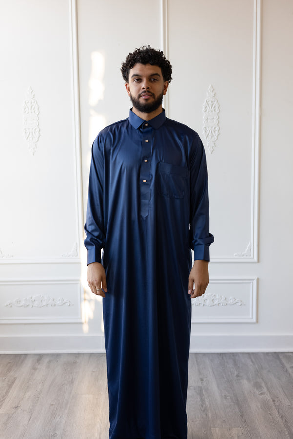 Omar Collection - Saudi Collar Thobe with Golden Buttons - Midnight