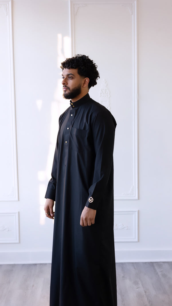 MC Collection - Saudi Collar Thobe with Round Buttons - Black