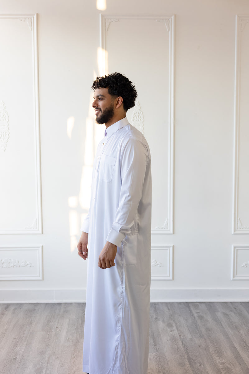 MC Collection - Saudi Collar Thobe with Round Buttons - White