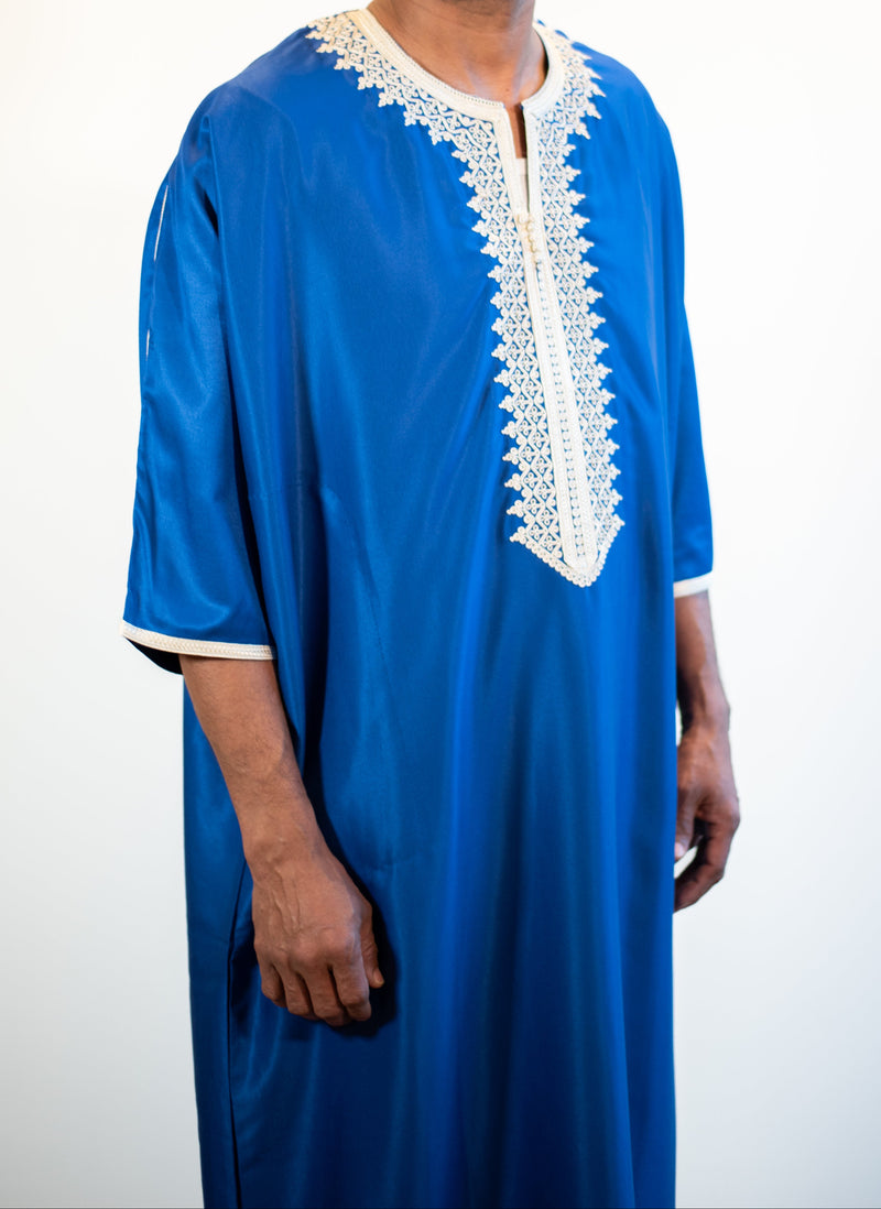 🎉🎉NEW Men's Moroccan 3/4 Sleeve Thobe - Electric Blue with Ivory Embroidery