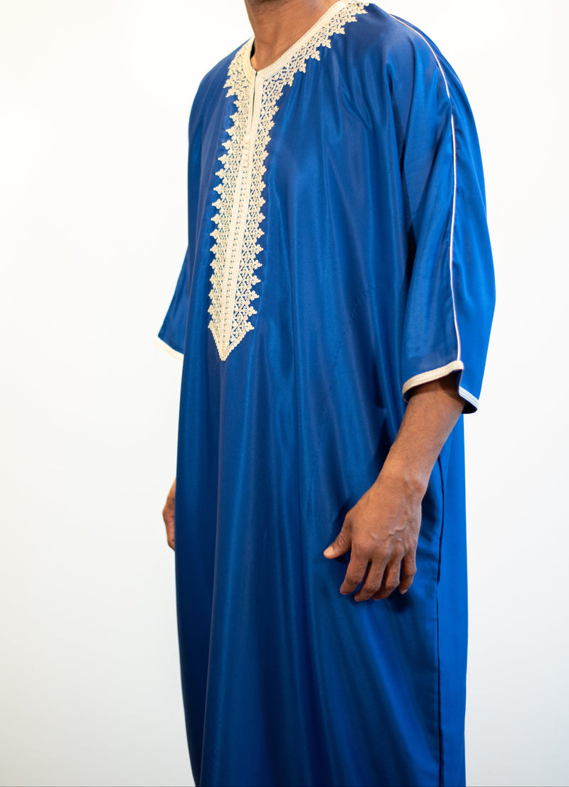 🎉🎉NEW Men's Moroccan 3/4 Sleeve Thobe - Electric Blue with Ivory Embroidery