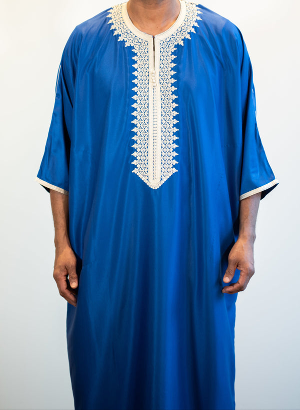 🎉🎉NEW Men's Moroccan 3/4 Sleeve Thobe - Electric Blue with Ivory Embroidery