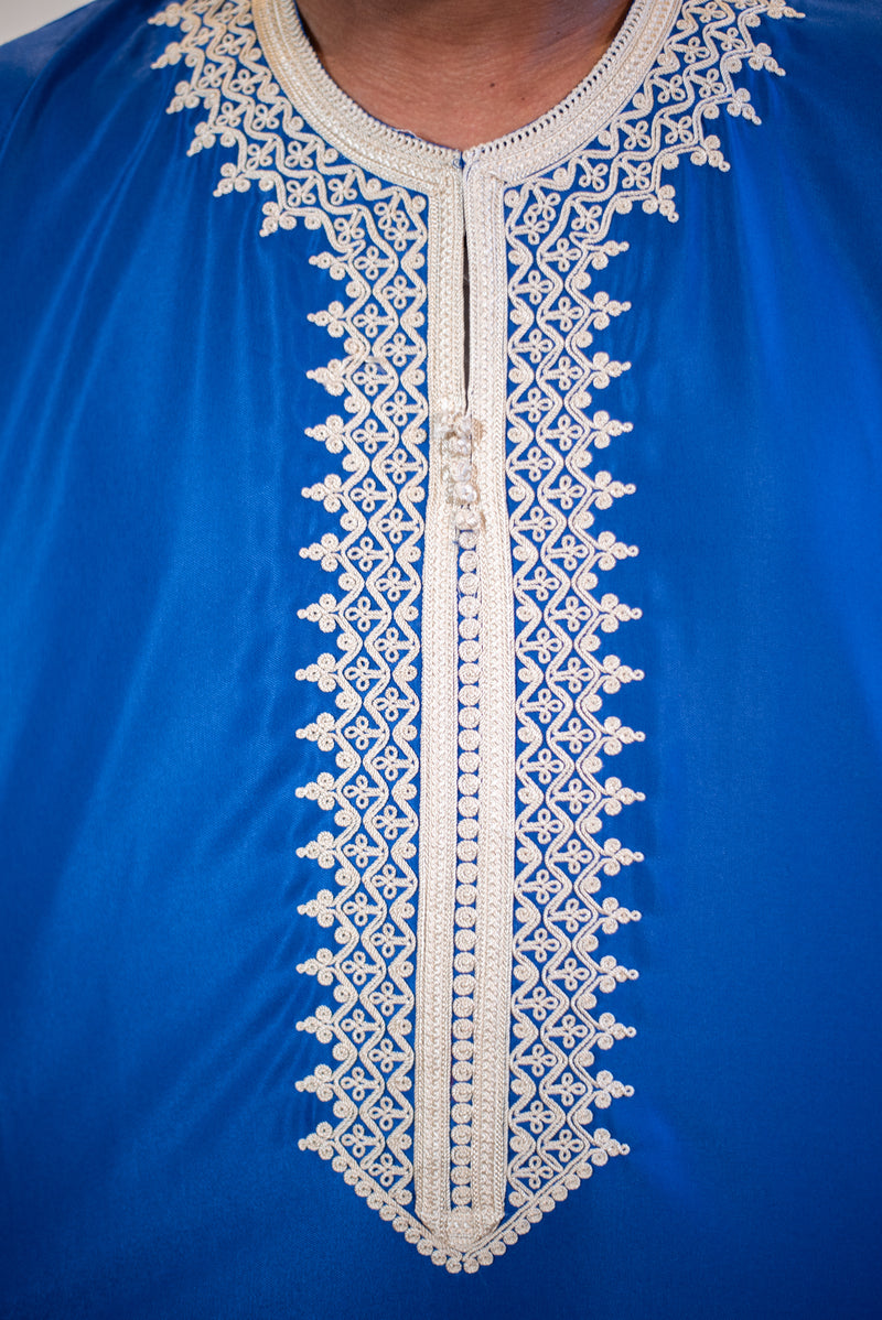 🎉🎉NEW Men's Moroccan 3/4 Sleeve Thobe - Electric Blue with Ivory Embroidery