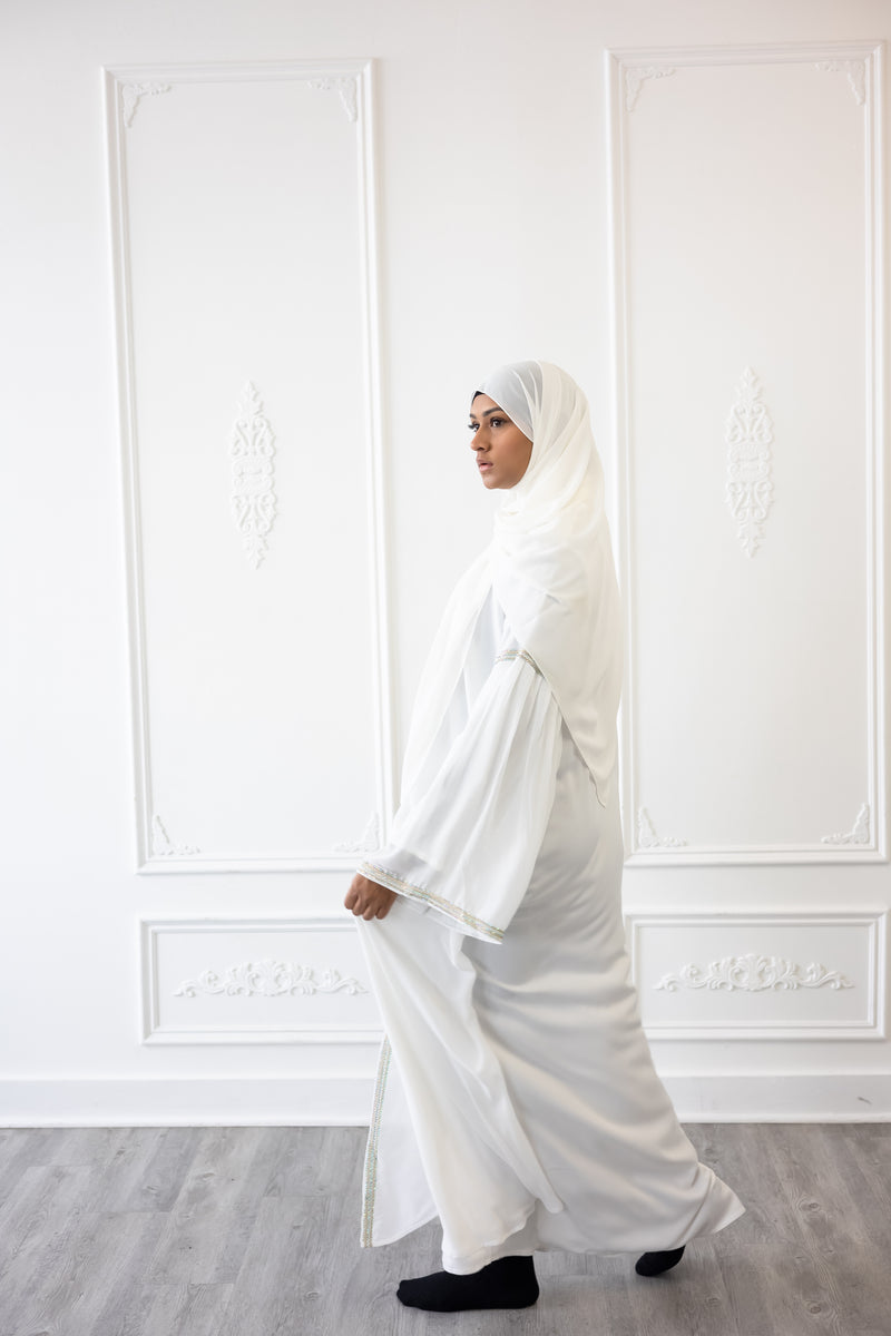 Chiffon Layered Glam Abaya (White Frosting)
