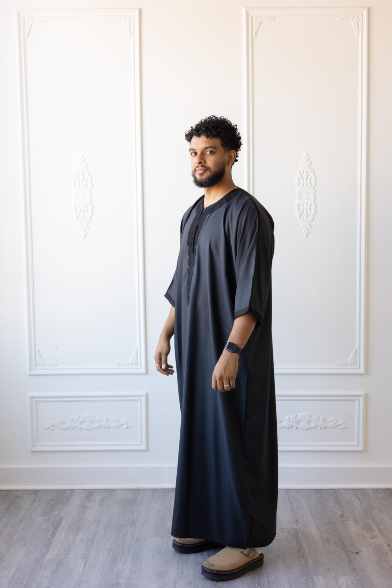 Moroccan 3/4 Sleeve Thobe - Charcoal Grey