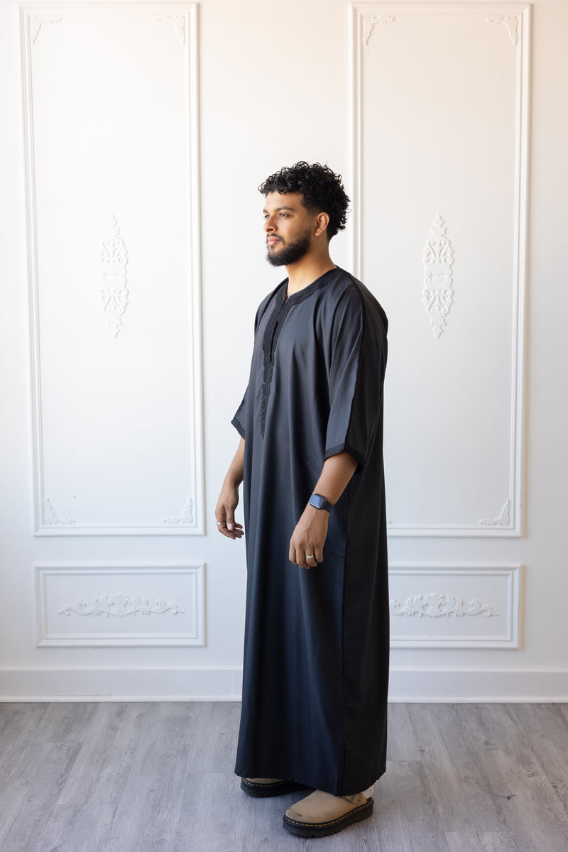 Moroccan 3/4 Sleeve Thobe - Charcoal Grey