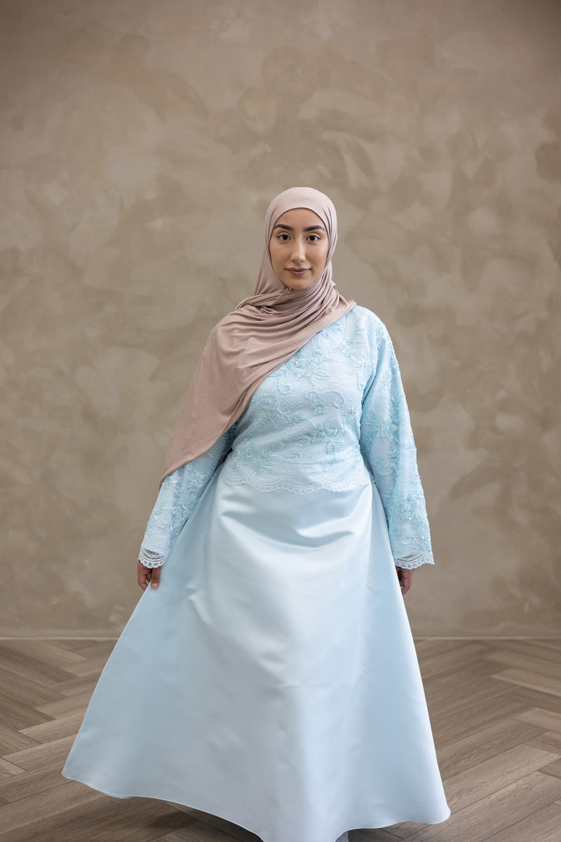 hijab with sky blue dress Floral Lace Wedding Size:Extra Small Elegant Sheath Halter Light All manner of dresses v neckline dress
