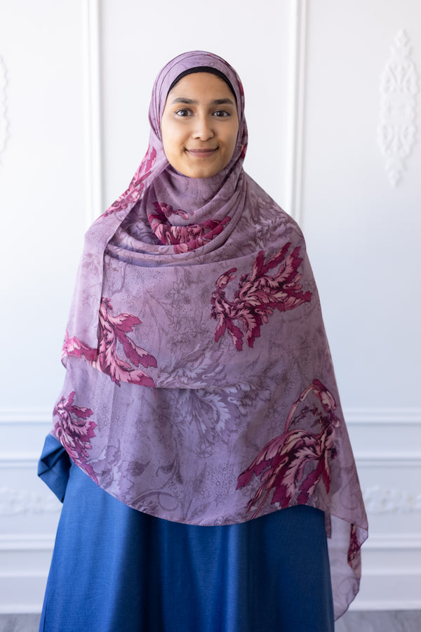 New Printed Chiffon Hijab - Crimson Orchid