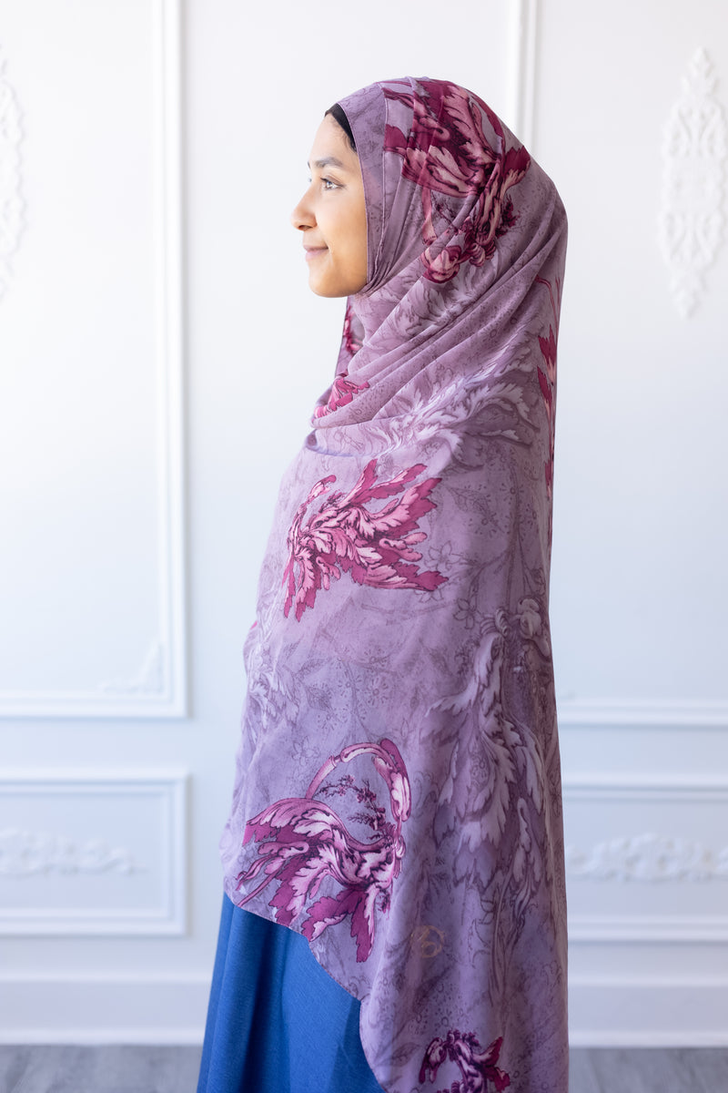 New Printed Chiffon Hijab - Crimson Orchid