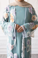 Floral Bloom Glam Abaya – Dusty Blue