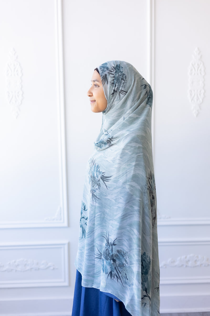 New Printed Chiffon Hijab - Aqua Bloom