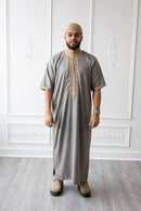 Moroccan Short Sleeve Thobe (Grey With Gold Embroidery)