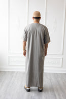 Moroccan Short Sleeve Thobe (Grey With Gold Embroidery)