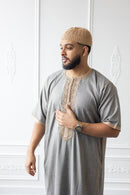 Moroccan Short Sleeve Thobe (Grey With Gold Embroidery)