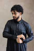 Formal  Saudi Gold Button Thobe - Black Japanese Cotton