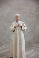 Denim Textured Open Abaya - Beige