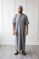 Moroccan Short Sleeve Thobe (Grey With Grey Embroidery)