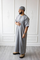 Moroccan Short Sleeve Thobe (Grey With Grey Embroidery)