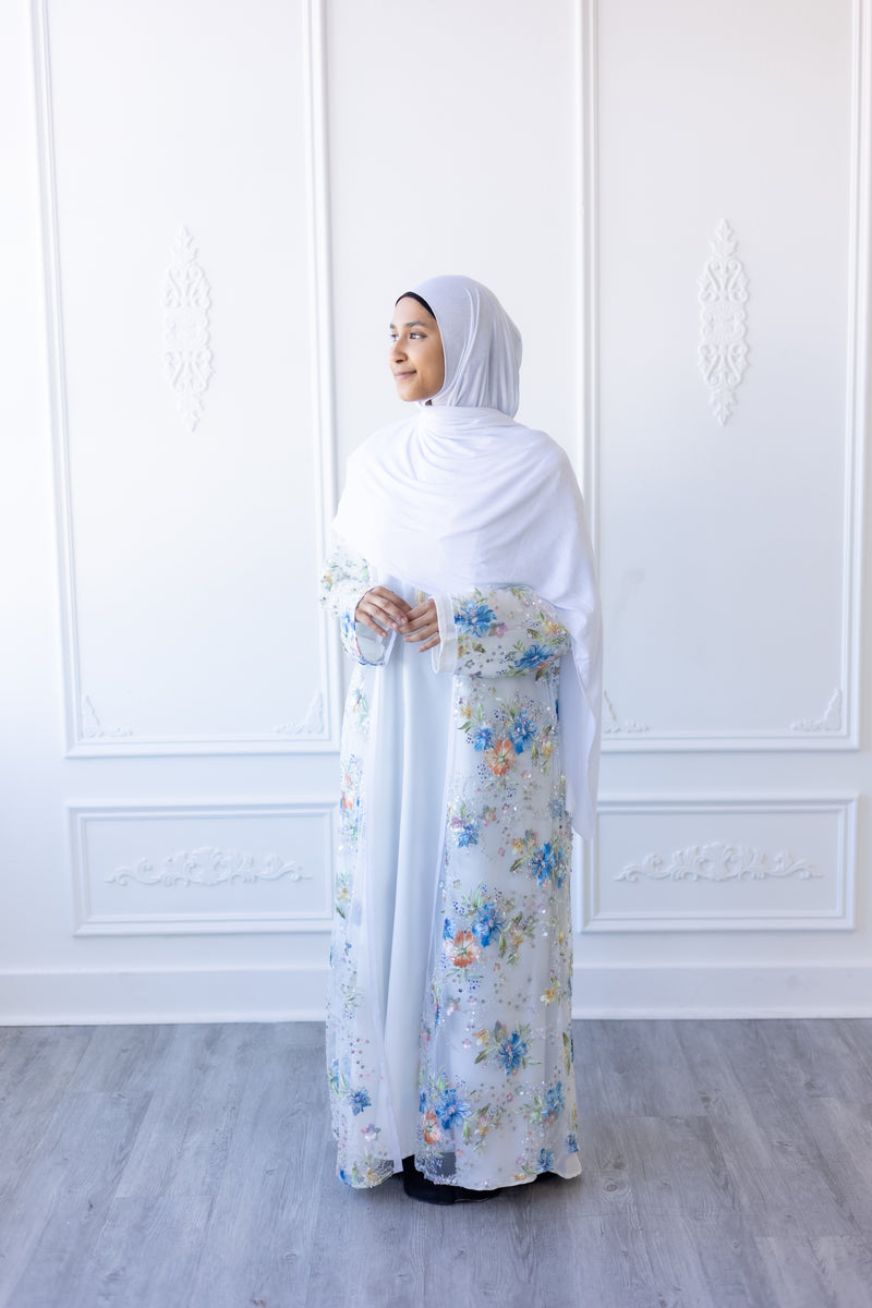 Aurora Bloom Glam Abaya - Winter Pearl