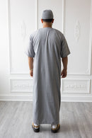 Moroccan Short Sleeve Thobe (Grey With Grey Embroidery)