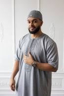 Moroccan Short Sleeve Thobe (Grey With Grey Embroidery)