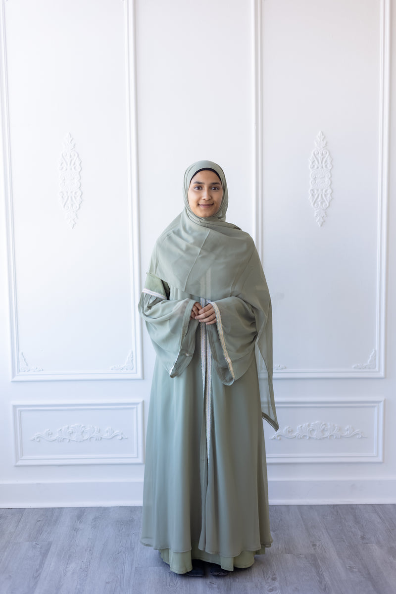 SALE Chiffon Layered Glam Abaya (Olive Green) *SLEEVE Varies*