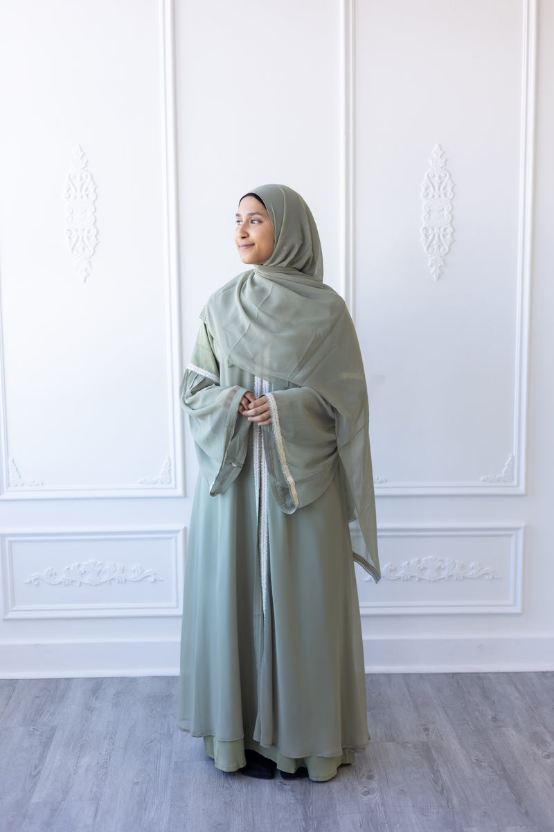SALE Chiffon Layered Glam Abaya (Olive Green) *SLEEVE Varies*