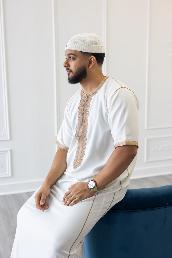 M12S - Moroccan Short Sleeve Thobe (White With Gold Embroidery)