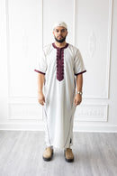CLEARANCE SALE Moroccan Short Sleeve Thobe (White With Maroon Embroidery) - 47