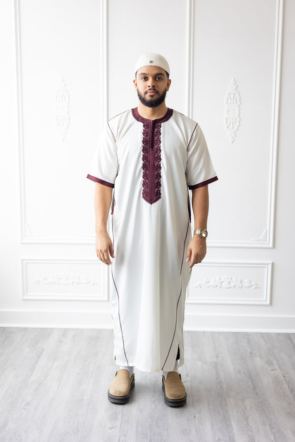 M12S - Moroccan Short Sleeve Thobe (White With Maroon Embroidery)