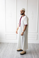 CLEARANCE SALE Moroccan Short Sleeve Thobe (White With Maroon Embroidery) - 47
