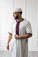 CLEARANCE SALE Moroccan Short Sleeve Thobe (White With Maroon Embroidery) - 47