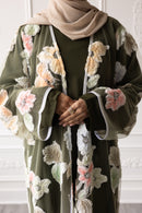Floral Bloom Glam Abaya – Olive Green