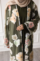 Floral Bloom Glam Abaya – Olive Green