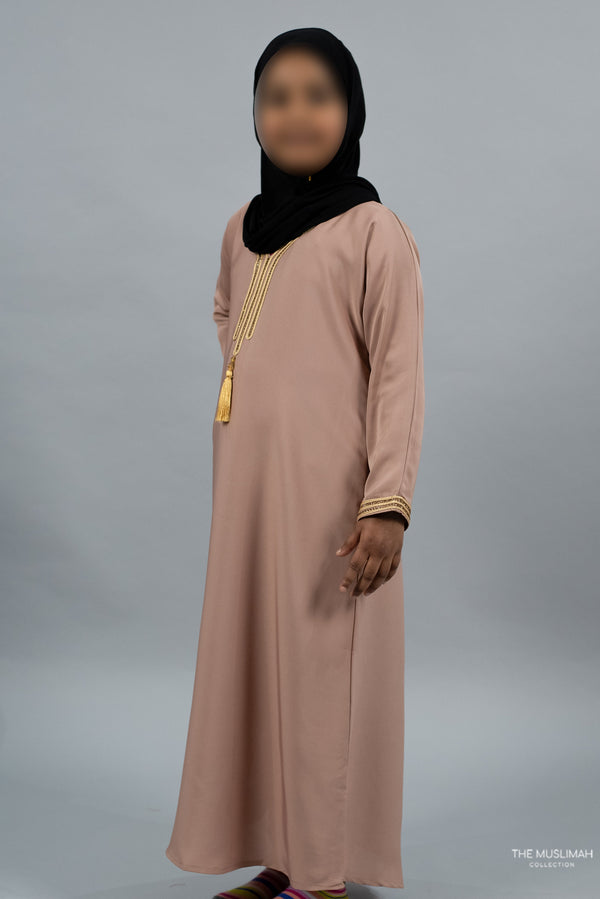 Sample Sale - Mini Muslimah Kids Abaya Dusty Pink with Stones and Tarboosh - Stain