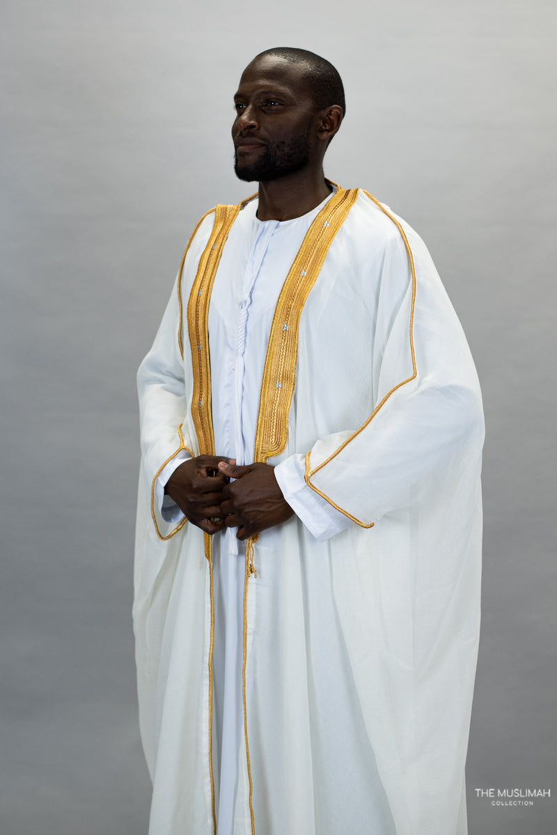 Sample sale Embroidered Thobe Overcoat Arab Bisht Cloak White