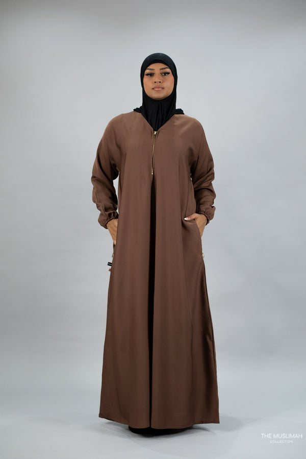 Sample Sale - Cedar Brown Golden Zipper Abaya with Matching Pockets for Breastfeeding - Slightly Color Different