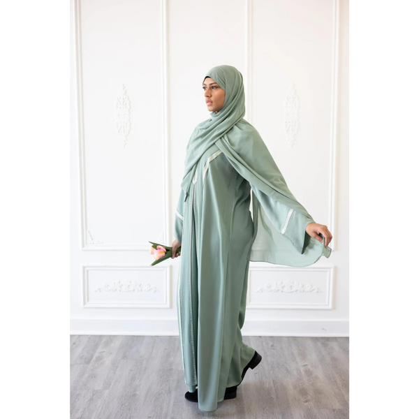 Sale Wide Sleeve Pistachio Chiffon Layered Glam Abaya