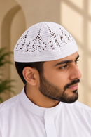 White crocheted Islamic kufi cap - With ribbed band