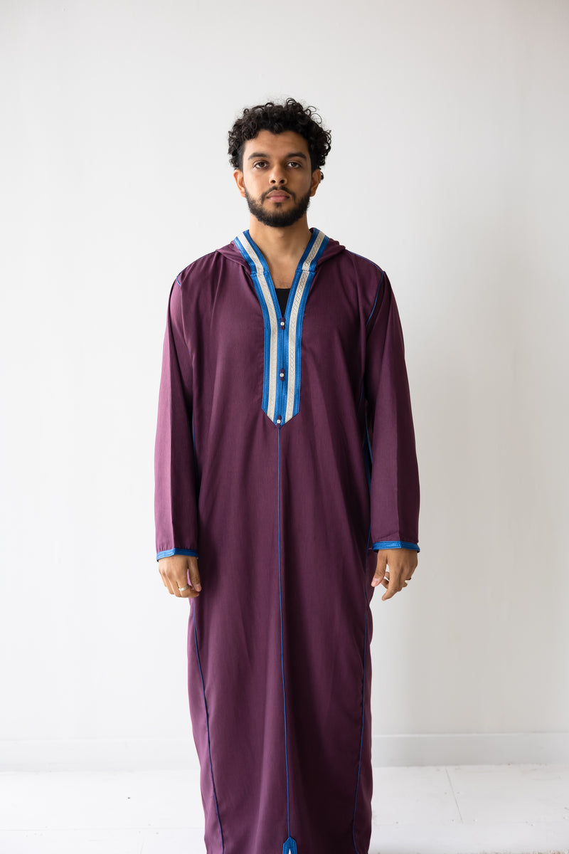 Moroccan Hoodie Thobe Maroon with Lined Sififa